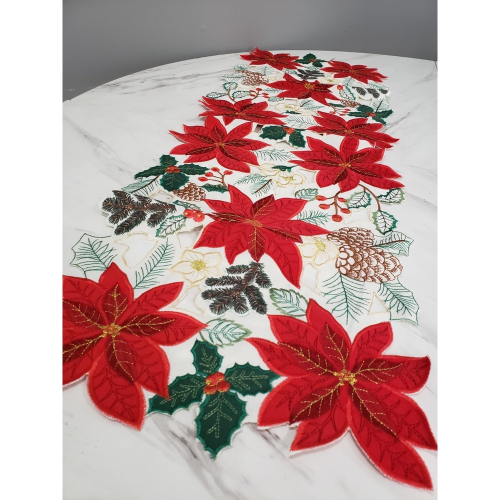 St. Nicholas Square Poinsettia Cutout Table Runner 36x13 COTTAGECORE CHRISTMAS